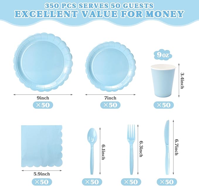 Vyntra 350 PCS Disposable Plates for Party, Paper Plates & Napkins Set with Cups, Knives, Forks, Spoons, 7'' Dessert and 9'' Dinner Plates for Baby Shower, Boy Birthday - Light Blue