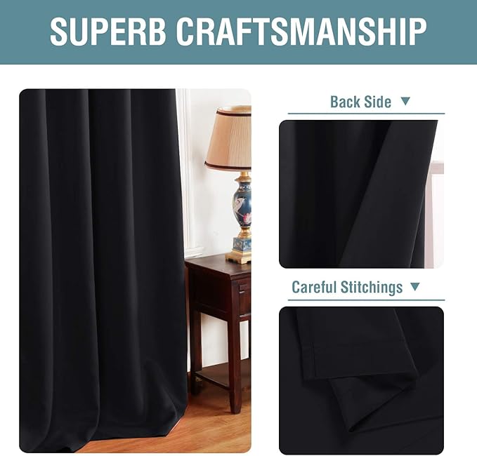H.VERSAILTEX Blackout Curtains for Bedroom Black Out Curtains 90 inch Thermal Insulated Long Blackout Curtains for Living Room, Energy Saving Curtains for Sliding Glass Door (1 Panel, Jet Black)