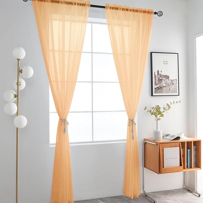 SpaceDresser Sheer Voile Window Treatment Rod Pocket Curtain Panels for Kitchen Bedroom Living Room Drapes Sunlight Filtering Privacy Semi Home Decor Assorted (Beige, 52 W x 54 L)