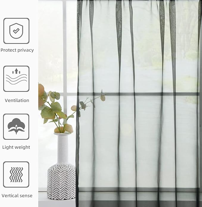 youleyar Solid Sheer Rod Pocket Curtain Voile Draperies 2 Panels White Beige Black Grey Coffee 70 Inch Width 72 Inch Long 1 Pair for Kitchen Bedroom Children Living Room Yard(Black,70Wｘ72L)