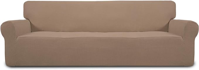 Easy-Going Stretch 4 Seater Sofa Slipcover 1-Piece Sofa Cover Furniture Protector Couch Soft with Elastic Bottom for Kids, Polyester Spandex Jacquard Fabric Small Checks Camel