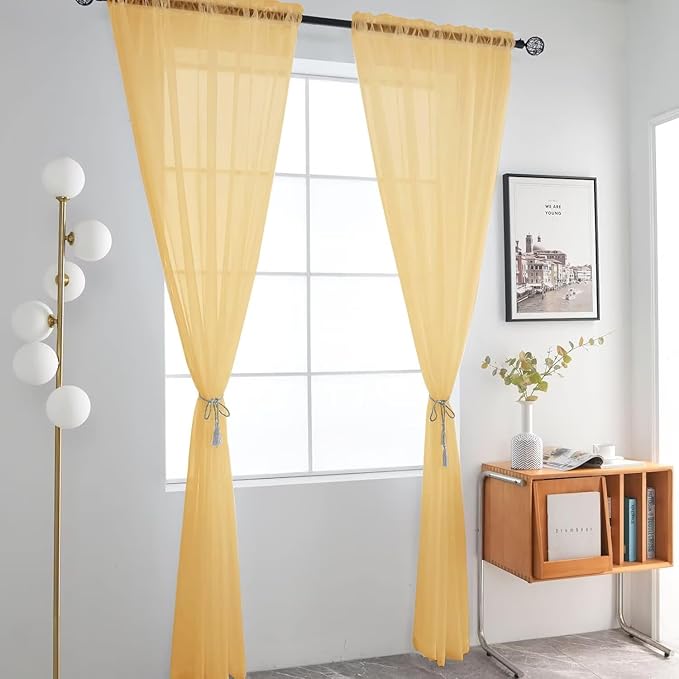 SpaceDresser Basic Rod Pocket Sheer Voile Window Curtain Panels Gold 1 Pair 2 Panels 52 Width 63 Inch Long for Kitchen Bedroom Children Living Room Yard（Gold, 52W x 63L）