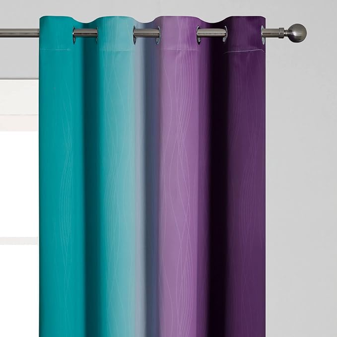 Estelar Textiler Ombre Teal and Purple Blackout Curtains 54 Inch Length 2 panels, Grommet Thermal Insulated Gradient Drapes for Kids Room, Full Light Blocking Blackout Curtains for Bedroom, 52x54 Inch