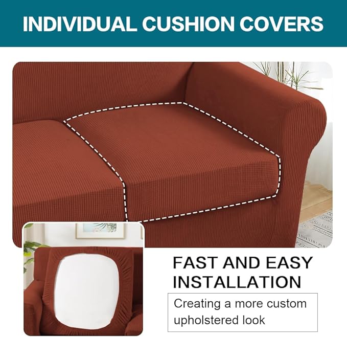 Turquoize 3 Piece Sofa Covers for 2 Cushion Couch Sofa Slipcover Soft Couch Cover for Dogs-Washable Sofa Furniture Covers with 2 Individual Cushion Covers, Feature Fabric (2 Cushion Sofa, Rust)
