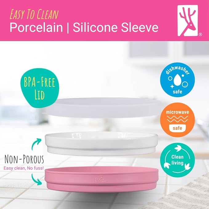 Elk and Friends Kids 7.8” Porcelain White Plates with Silicone Sleeves + Lids | Suitable for Babies/Toddlers | Microwave & Dishwasher Safe | Non Slip Dinnerware | Snack Dishes | 4 Pack