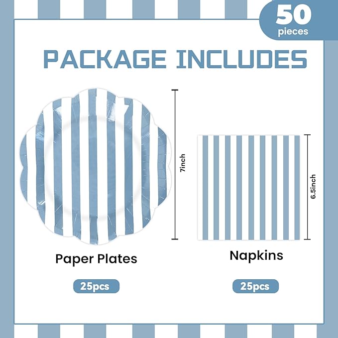 50PCS Blue Striped Paper Plates and Napkins Party Supplies, Blue and White Scalloped Party Plates and Napkins Tableware Set for Birthday Bridal & Baby Shower Wedding Party Decoration