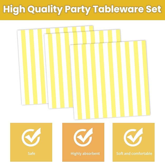 50PCS Yellow Striped Paper Plates and Napkins Party Supplies, Yellow and White Scalloped Party Plates and Napkins Tableware Set for Birthday Bridal & Baby Shower Wedding Party Decoration