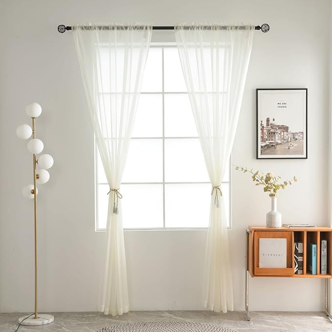 SpaceDresser Basic Rod Pocket Sheer Voile Window Curtain Panels Ivory 1 Pair 2 Panels 52 Width 108 Inch Long for Kitchen Bedroom Children Living Room Yard(Ivory,52 W x 108 L)