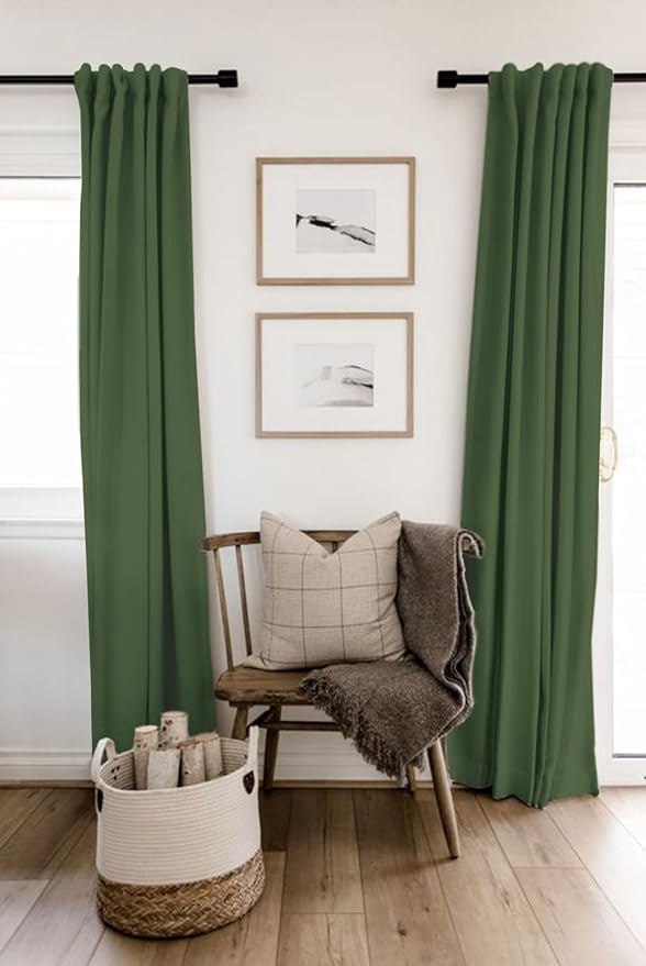 100% Blackout Shield Linen Blackout Curtains for Bedroom 96 Inches Long, Back Tab/Rod Pocket Living Room Drapes, Thermal Insulated Blackout Curtains 2 Panels Set, 50" W x 96" L, Moss Green