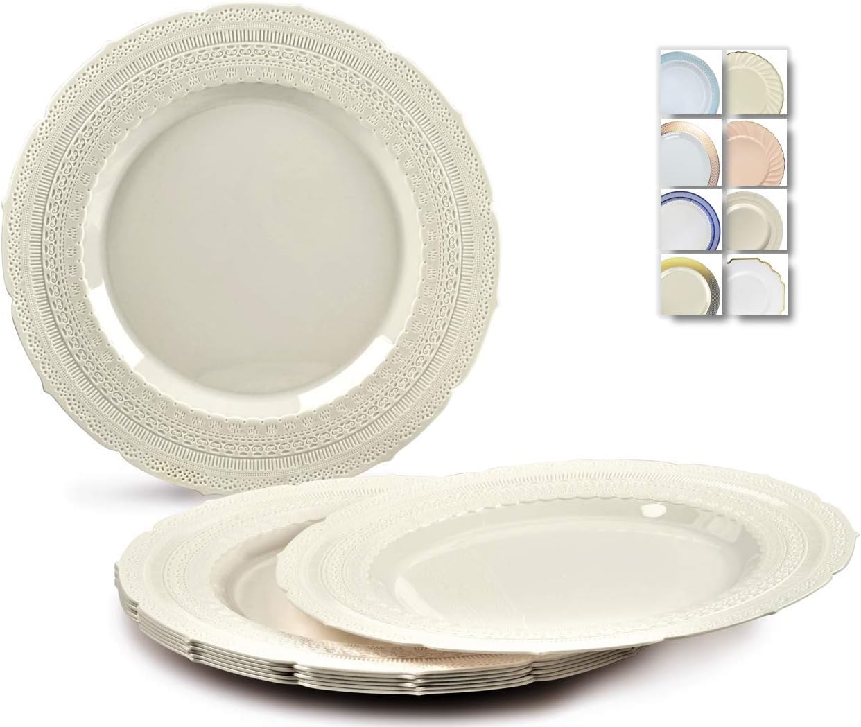 " OCCASIONS " 60 Plates Pack, Extra Heavyweight Vintage Wedding Party Disposable Plastic Plates (11'' Dinner Plate, Chateau in Ivory)