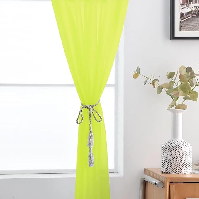 SpaceDresser Basic Rod Pocket Sheer Voile Window Curtain Panels Chartreuse 1 Pair 2 Panels 52 Width 90 Inch Long for Kitchen Bedroom Children Living Room Yard（Chartreuse, 52W x 90L）