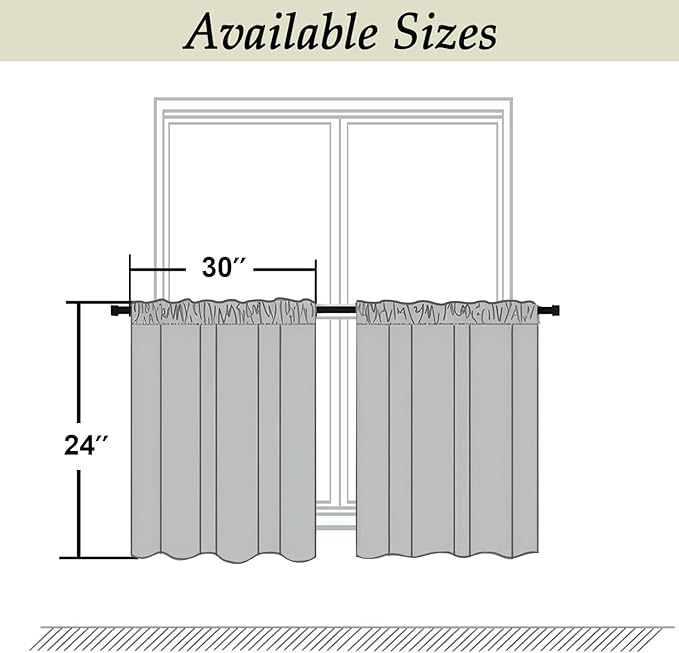 Simplebrand Ava Grey Short 24 Inches Blackout Curtain 2 Panels Set, Half Window Rod Pocket Privacy Curtain Tiers for Kitchen, Curtains Blackout for Bathroom Shades, W30 x L24 Inch, Grey