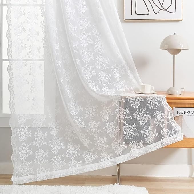 YJ YANJUN Vintage Lace Curtains 102 Inches Long-Victorian Floral Pattern Boho White Sheer Curtain Panels for Living Room Bedroom,Light Filtering, Country Cottage Core Drapes 2 Panels 52W x 102L