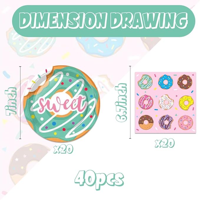 40Pcs Donut Party Decorations Pink Fake Donuts Birthday Plates and Napkins Set Party Supplies Baby Shower Donut Decorations