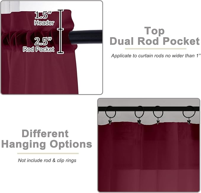 Extra Long Sheer Burgundy Curtains for Bedroom Living Room 108 Inches Long 2 Panels Set, Solid Soft Light Filtering Rod Pocket Sheer Window Curtains, Burgundy, Each 42" Wx108 L Inch