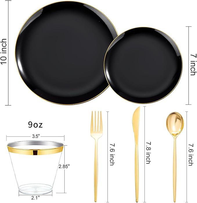 bUCLA 150PCS Black and Gold Plastic Plates - Black Gold Plastic Dinnerware Set Disposable - Include 25 Dinner / 25 Dessert Plates, 25 Knives, 25 Forks, 25 Spoons, 25 Cups, Ideal for Party & New Year