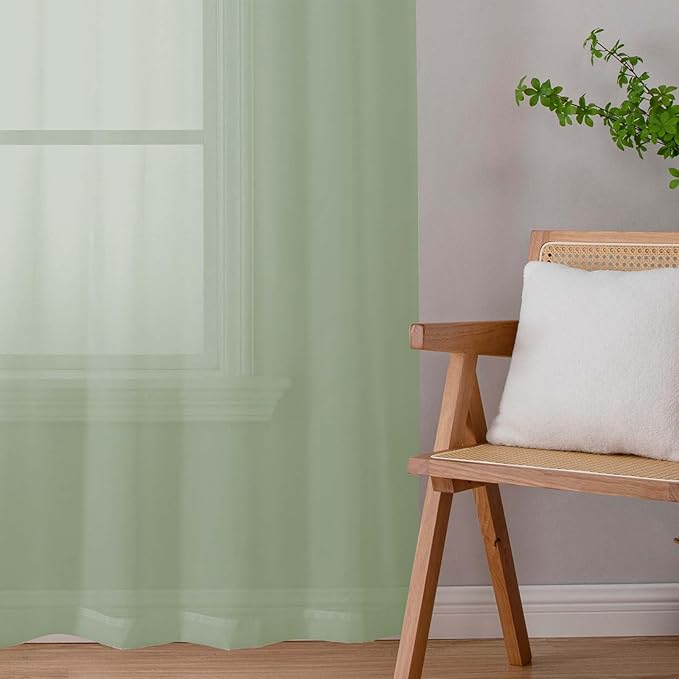 Sage Green Sheer Curtains for Bedroom Living Room 45 Inch Length 2 Panels, Soft Light Filtering Small Kitchen Window Curtains, Rod Pocket Short Curtain Drapes, Sage Green, 42" Wx45 L Inches