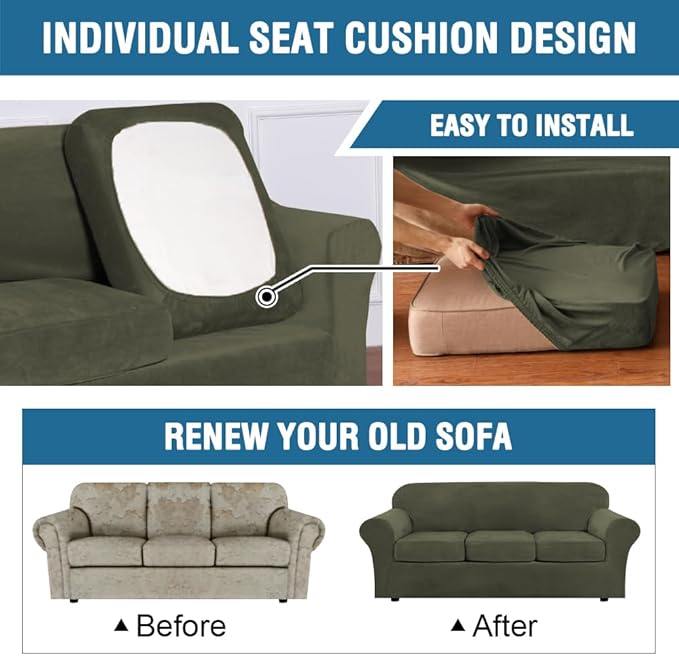 H.VERSAILTEX Rich Velvet Stretch 2 Piece Cover Chair Slipcover Sofa Cover Furniture Protector Couch Soft with Elastic Bottom Chair Couch Cover Width Up to 49 Inch (Chair, Olive)