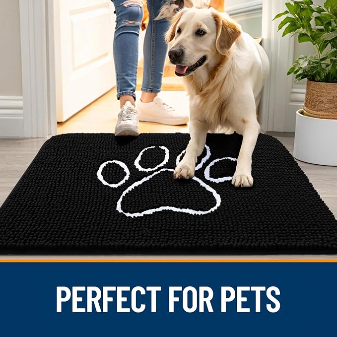 OLANLY Dog Door Mat for Muddy Paws 48x30, Paw Print Design, Absorbs Moisture and Dirt, Absorbent Non-Slip Washable Doormat, Quick Dry Chenille Mud Mat for Dogs, Entry Indoor Entryway Carpet, Black