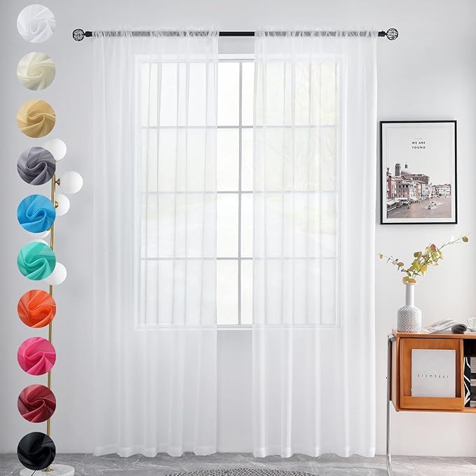 youleyar Solid Sheer Rod Pocket Curtain Voile Draperies 2 Panels White Beige Black Grey Coffee 52 Inch Width 108 Inch Long 1 Pair for Kitchen Bedroom Children Living Room Yard(White,52Wｘ108L)