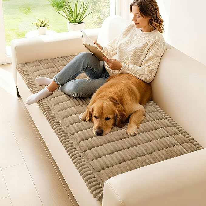 hyha Couch Covers for Dogs Washable, Non Slip Plush Dog Sofa Protectors, Fuzzy Pet Couch Covers for 3 Cushion Sofa Pet Friendly (Khaki, 27.6" x 88")