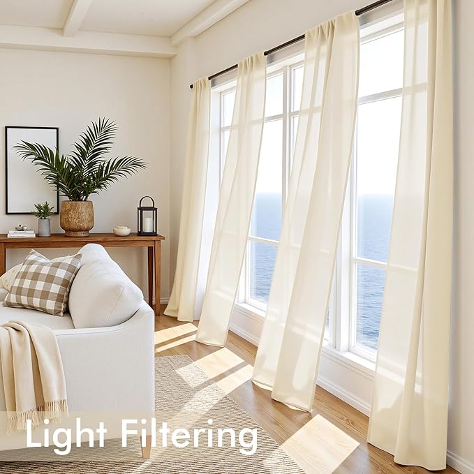 MIULEE Butter Cream Sheer Curtains 90 Inches Long, 4 Panels Set, Rod Pocket Voile Drapes Light Filtering and Semi Transparent, Elegant Window Treatments for Bedroom Living Room,42 x 90 Inches