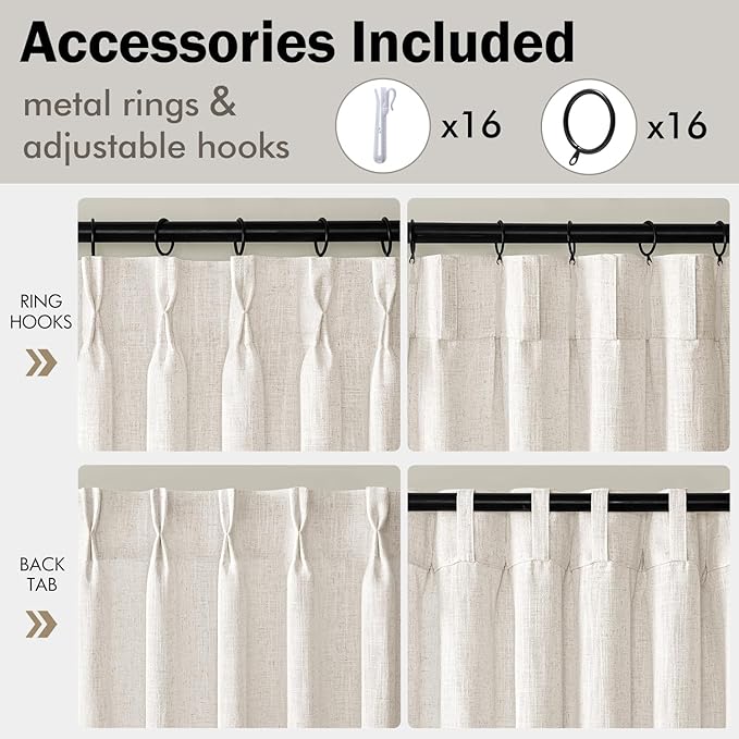 MIULEE Extra Wide 60 Inch Width Pinch Pleated Thick Linen Curtains 96 Inches Long 2 Panels for Patio Sliding Glass Door Living Room Bedroom Large Windows, Memory Trained Nautral Drapes Hooks&Rings