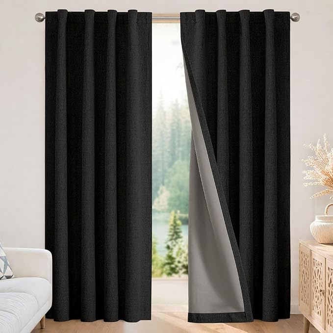 Joydeco Blackout Curtains for Bedroom - 100% Light Blocking 2 Panels Set Black Drapes 37" W x 96" L, Thermal Insulated Room Darkening Curtains, Linen Textured for Living Room, Rod Pocket & Back Tabs