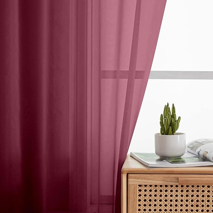 Burgundy Valances for Windows, Burgundy Sheer Curtains 14 Inch Length 2 Pack Kitchen Drapes, Modern Solid Mini Small Window Curtains for Cafe Bathroom Basement, 42" Wx14 L Inches