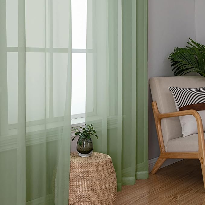 Simplebrand Sage Green Sheer Curtains 84 Inches Long, Light Filtering Rod Pocket Solid Color Window Sheer Curtain Panels, Elegant Curtains & Drapes for Living Room, Bedroom 2 Panels, 59" W x 84" L