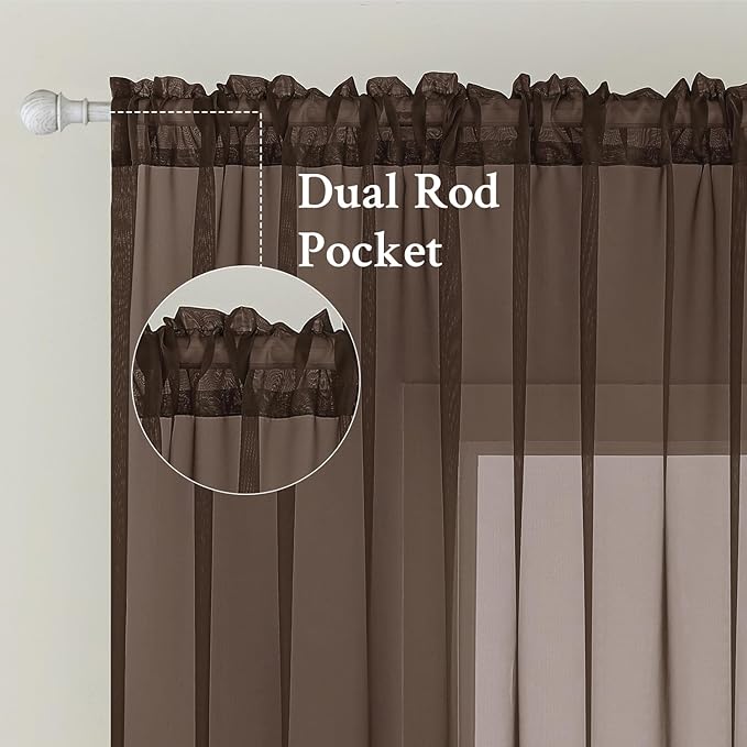 MIULEE Short Chocolate Brown Sheer Curtains 54 Inches Long, Light Filtering Voile Drapes with Rod Pocket for Bathroom Windows, Small Window Treatments, 2 Panels Set