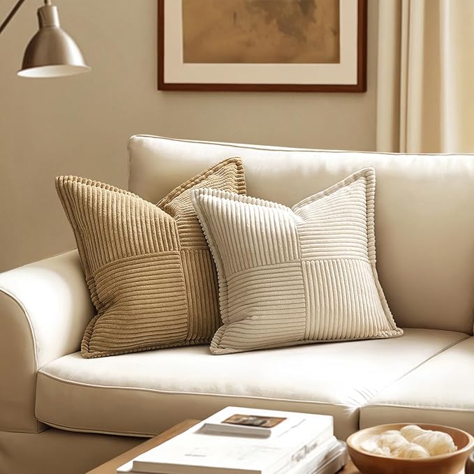 MIULEE Decorative Euro Sham Throw Pillow Covers for Couch Bed Livingroom 26x26 Inch Set of 2 Beige Boho Accent Throw Pllows Broadside Striped Patchwork Soft Corduroy Pillowcases