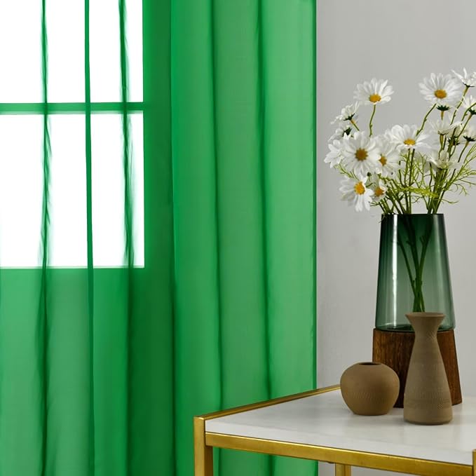 youleyar Solid Sheer Rod Pocket Curtain Voile Draperies 2 Panels White Beige Black Ivory Coffee 26 Inch Width 24 Inch Long 1 Pair for Kitchen Bedroom Children Living Room Yard(Green,26W x 24L)