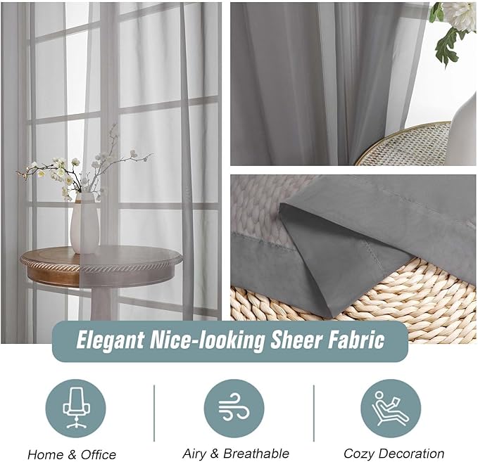 Grey Sheer Curtains for Windows 108 inches Long 2 Panels Set, Soft Airy Lightweight Drapes for Living Room Bedroom, Dual Rod Pocket Sheer Curtains, Charcoal Grey, 2x42Wx108L inches