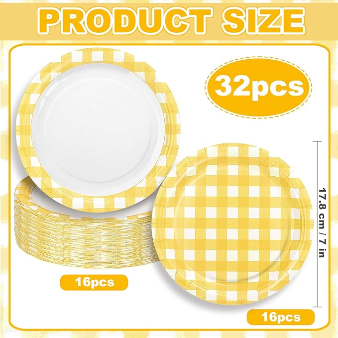 32 Pcs Yellow Gingham Party Plates - 7 Inch Checkered Plaid Dessert Plates Disposable Yellow and White Paper Plate - For Picnic BBQ Birthday Dinner Party Supplies