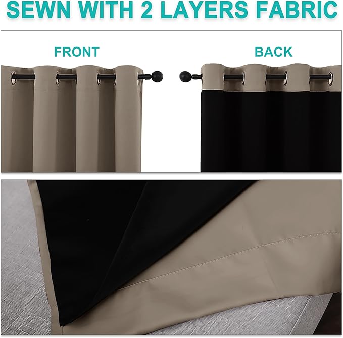 NICETOWN 100% Blackout Curtains with Black Liners, Thermal Insulated Full Blackout 2-Layer Lined Drapes, Noise Cancellation Window Draperies for Dining Room (Taupe, 2 Panels, 52-inch W by 54-inch L)