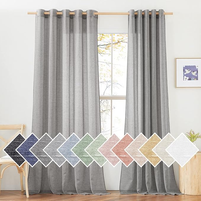 NICETOWN Living Room Sheer Linen Curtains for 84 inch Length 2 Panels Set, Grommet Semi Sheer Linen Blend Drapes Privacy with Light Filtering for Sliding Door, Charcoal Grey, W70 x L84