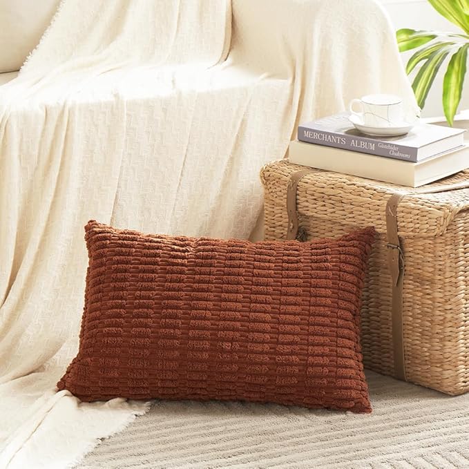 Fancy Homi 4 Packs Rust Long Lumbar Decorative Throw Pillow Covers 14x24 Inch for Living Room Couch Bed, Boho Home Decor, Soft Striped Corduroy Rectangle Accent Terracotta Cushion Case 35x60 cm
