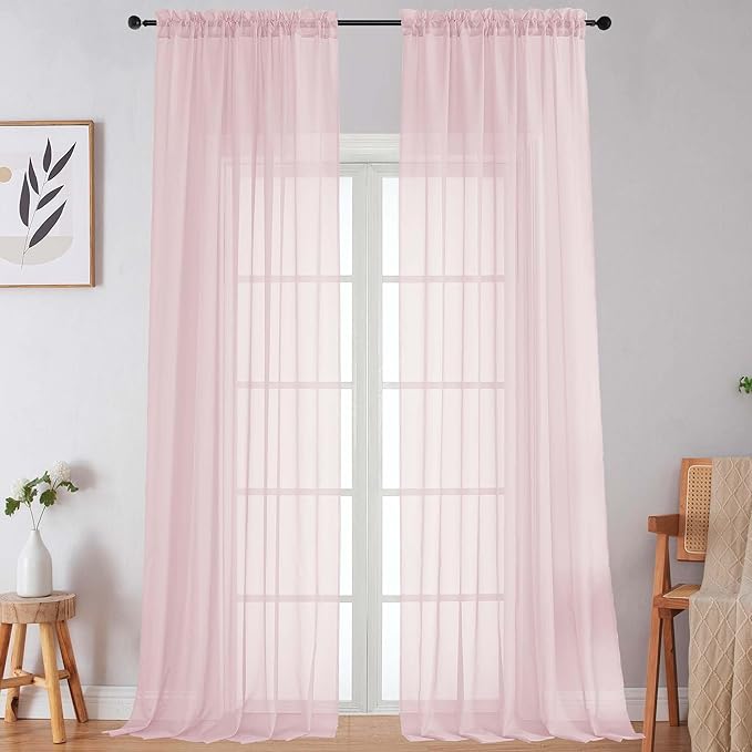 Extra Long Blush Sheer Curtains for Bedroom Living Room 108 Inches Long 2 Panels Set, Solid Soft Light Filtering Rod Pocket Sheer Window Curtains, Blush, Each 59" Wx108 L Inch