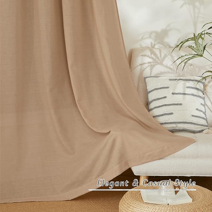NICETOWN Living Room Linen Curtains Thick Flax Texture 96 inch Long, Grommet Semi Sheer Privacy Assured with Light Filtering Drapes for Bedroom/Living Room, Camel, W55 x L96, 2 Panels