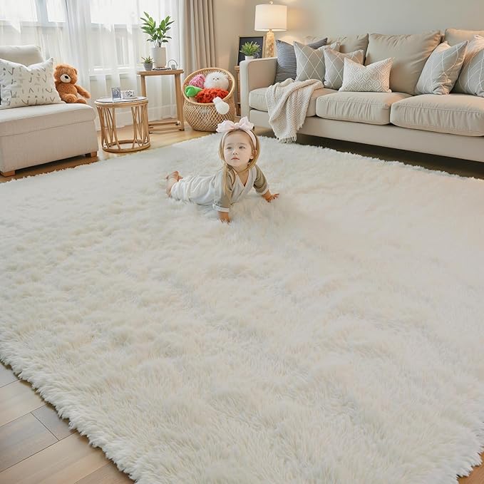Area Rugs 10x14 Living Room, Shaggy Carpet Soft Plush Furry Bedside Rug Large Area Rugs for Bedroom Kids Girls Boys Home Decor Anti Slip(10 x 14, Cream)