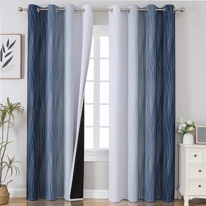 Estelar Textiler Navy Blue and Greyish White Blackout Curtains 108 Inches Long, Thermal Insulated Long Curtains for Bedroom, Full Light Blocking Energy Saving Drapes for Living Room,52Wx108L, 2 Panels