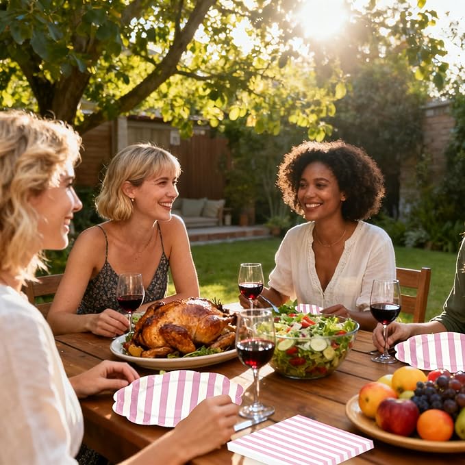 50PCS Pink Striped Paper Plates and Napkins Party Supplies, Pinkand White Scalloped Party Plates and Napkins Tableware Set for Birthday Bridal & Baby Shower Wedding Party Decoration (Pink)