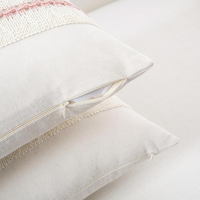 Fancy Homi Set of 1 Boho Pink Decorative Throw Pillow Cover 16x16 Inch for Couch Bed Sofa, Aesthetic Modern Organic Farmhouse Home Decor, Soft Cotton Cute Accent Macrame Woven Cushion Case