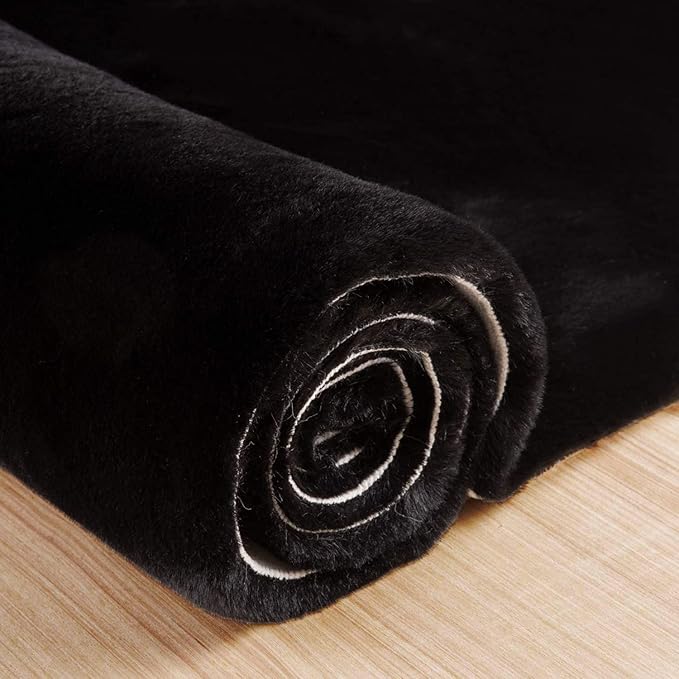 ORINOVA Black Faux Rabbit Washable Fur Area Rugs for Bedroom Small Fluffy 2x4 Fur Rug Chair Cushion Living Room Décor