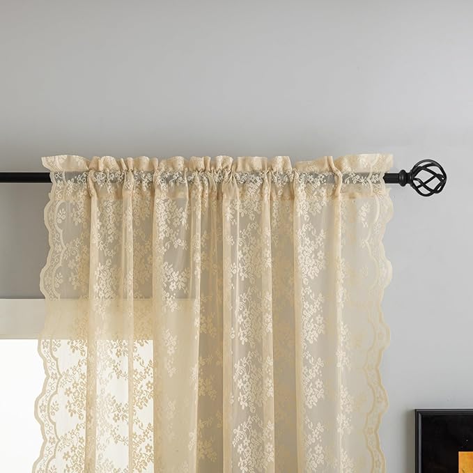 YJ YANJUN Vintage Lace Curtains 54 Inch Length-Victorian Floral Patterns and Scalloped Edges Cottage Core Rustic Style Short Sheer Curtain Panels for Kitchen Small Windows W52 X L54 Beige