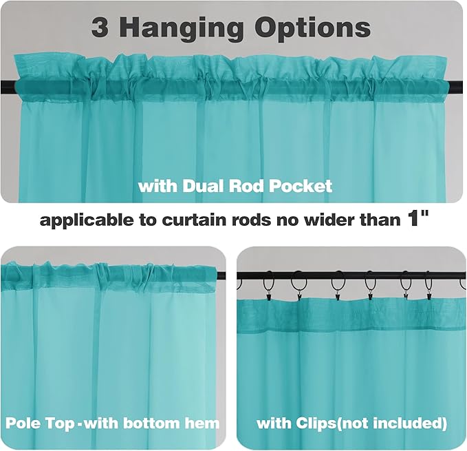 Chyhomenyc Turquoise Sheer Curtains 54 Inch Long 2 Panels, Light Filtering Rod Pocket Voile Short Curtains Drapes for Living Room Bedroom Small Windows, 42Wx54L Inches