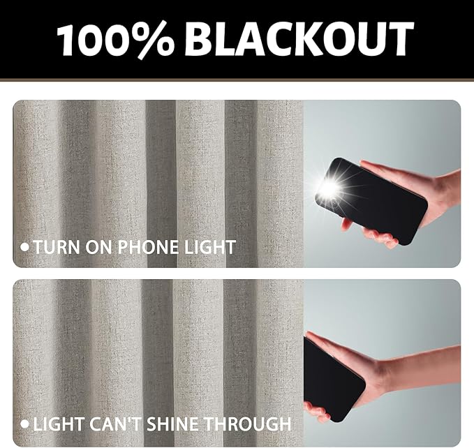 Yakamok Oatmeal Linen Curtains 100% Blackout 96 Inches Long,Room Darkening Textured Curtains for Living Room Thermal Grommet Bedroom Curtains 2 Panels with White Liner