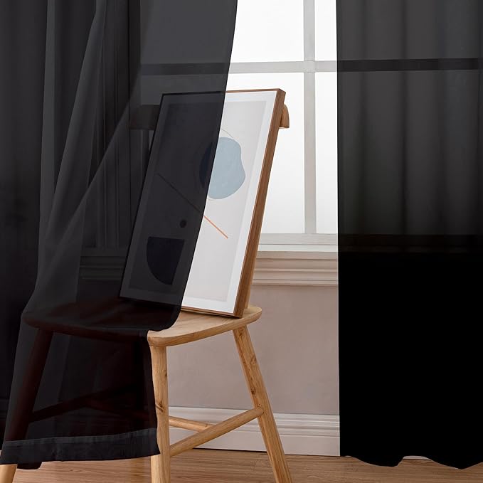Simplebrand Black Sheer Curtains 90 Inches Long, Light Filtering Rod Pocket Solid Color Window Sheer Curtain Panels, Elegant Curtains & Drapes for Living Room, Bedroom 2 Panels (Black, 42" W x 90" L)