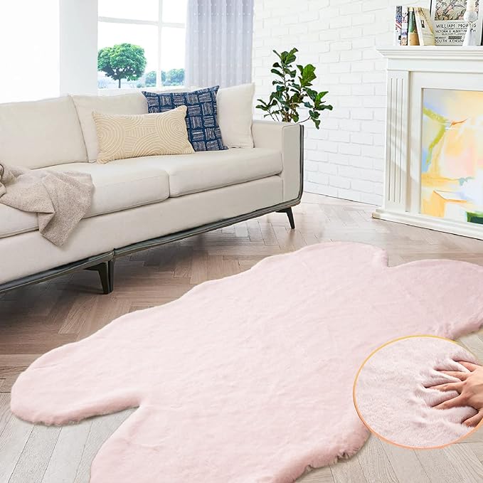 ORINOVA Pink Fluffy Shag Carpet Faux Bunny Washable Plush Fur Area Rugs for Bedroom 4x6 Nursery Rug for Living Room